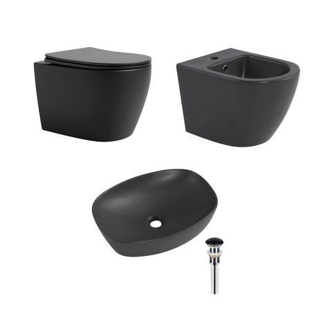 Комплект Qtap Robin Anthracite 3 в 1: підвісний унітаз Ultra Quiet + біде підвісне + раковина накладна QTROBAN49157 SD00055281 фото