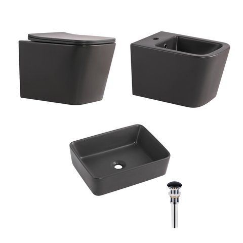 Комплект Qtap Tern Anthracite 3 в 1: підвісний унітаз Ultra Quiet + біде підвісне + раковина накладна QTROBAN49157 SD00055285 фото