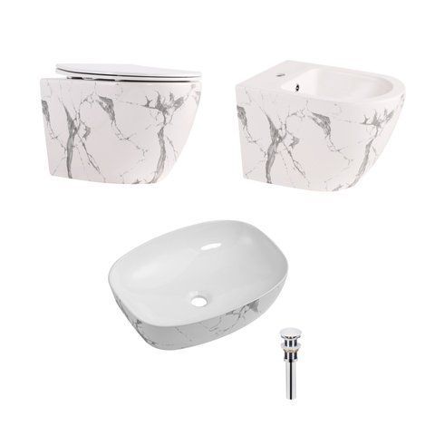 Комплект Qtap Robin Marble 3 в 1: підвісний унітаз Ultra Quiet + біде підвісне + раковина накладна QTROBMR49160 SD00055284 фото
