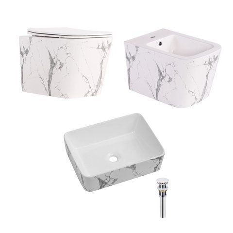 Комплект Qtap Tern Marble 3 в 1: підвісний унітаз Ultra Quiet + біде підвісне + раковина накладна QTTERMR49164 SD00055288 фото
