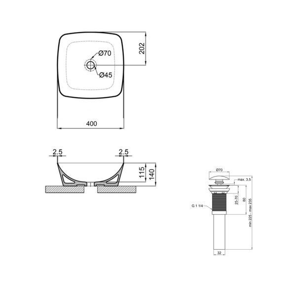 Комплект Qtap Kolibri: Раковина накладна 400x400x140 мм, White, квадратна + Донний клапан Pop-up PU02 SD00054590 фото