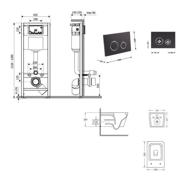 Готове рішення Qtap для ванної кімнати: підвісний унітаз Crow Ultra Quiet 520x360x290 + комплект інсталяції Nest 4 в 1 (кругла клавіша Matt Black) SD00054317 фото