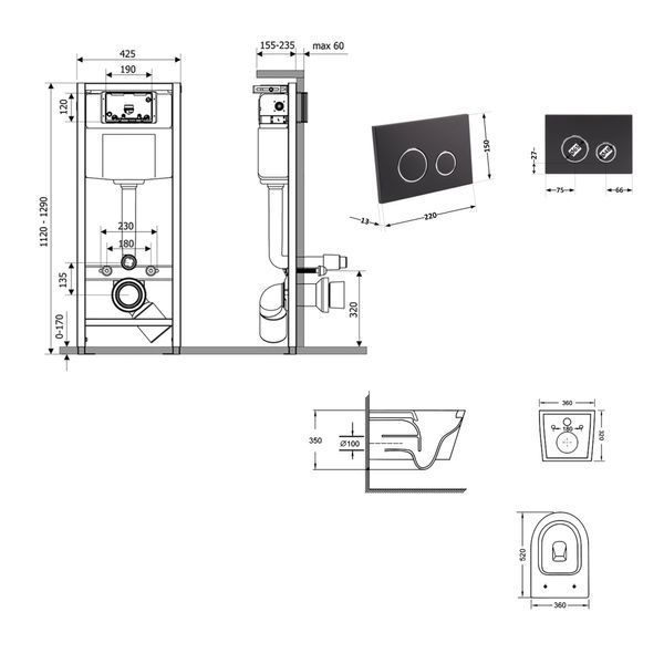 Готове рішення Qtap для ванної кімнати: підвісний унітаз Swan Ultra Quiet 520x360x320 + комплект інсталяції Nest 4 в 1 (кругла клавіша Matt Black) SD00054318 фото