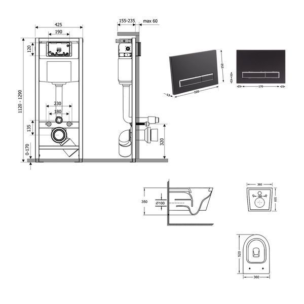 Готове рішення Qtap для ванної кімнати: підвісний унітаз Swan Ultra Quiet 520x360x320 + комплект інсталяції Nest 4 в 1 (лінійна клавіша Matt Black) SD00054321 фото