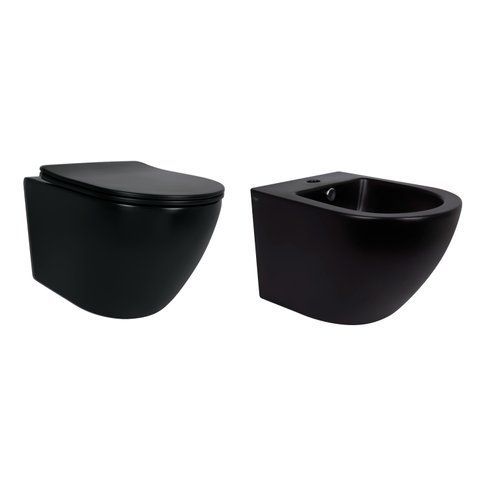 Комплект Qtap Robin Matt Black 2 в 1: унітаз підвісний Ultra Quiet QT13332381АSMB + біде підвісне QT1355046FMB SD00053752 фото
