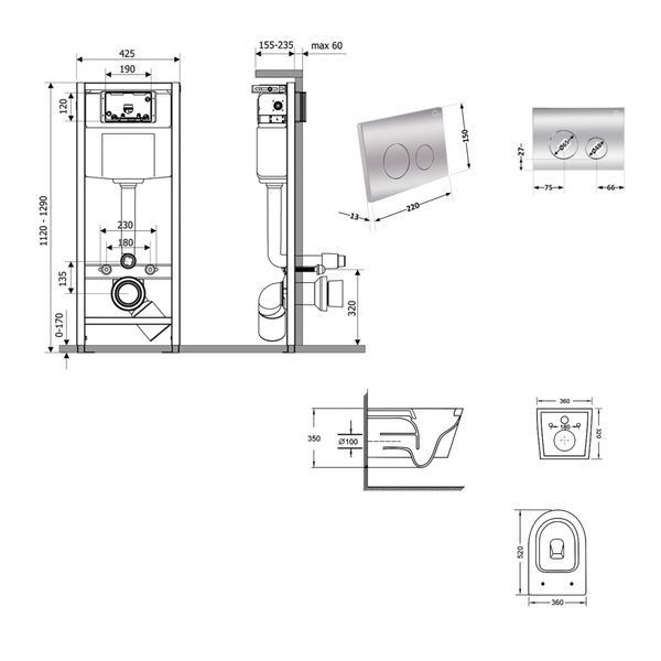 Готове рішення Qtap для ванної кімнати: підвісний унітаз Swan Ultra Quiet 520x360x320 + комплект інсталяції Nest 4 в 1 (кругла клавіша Chrome) SD00054327 фото