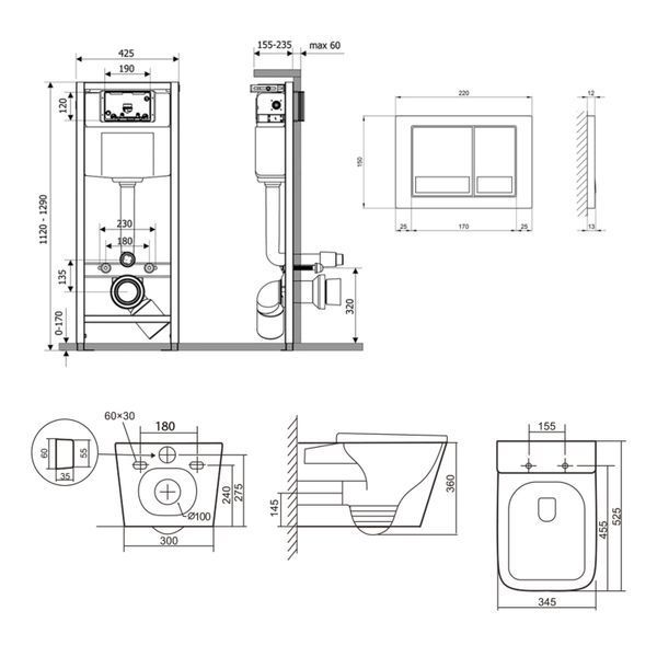 Готове рішення Qtap для ванної кімнати: підвісний унітаз Tern Ultra Quiet 525x345x360 + комплект інсталяції Nest 4 в 1 (квадратна клавіша Satin) SD00053631 фото