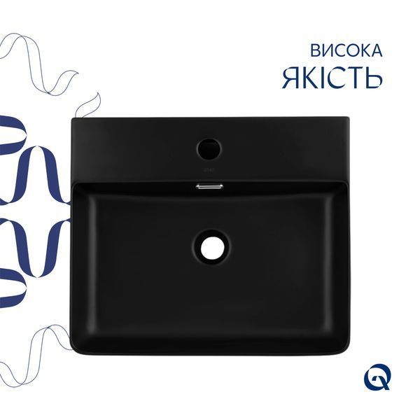 Комплект Qtap Nando LT: Раковина підвісна прамокутна 500х420х130 мм Matt Black + Донний клапан PU03O SD00053446 фото