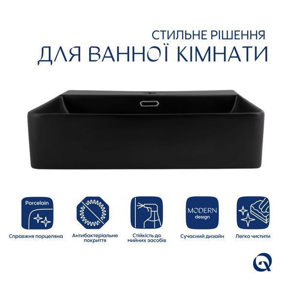 Комплект Qtap Nando LT: Раковина підвісна прамокутна 500х420х130 мм Matt Black + Донний клапан PU03O SD00053446 фото