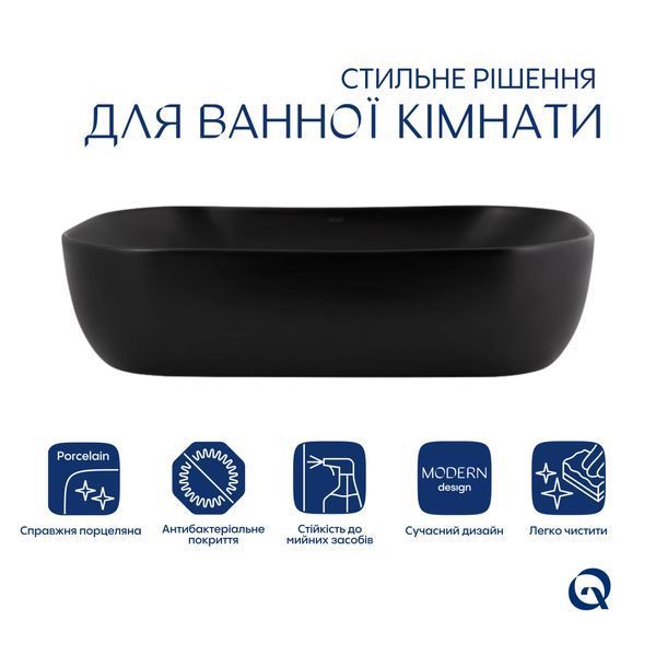 Комплект Qtap Robin: Раковина накладна прамокутна 600x390x150 мм Matt Black + Донний клапан PU03 SD00053420 фото