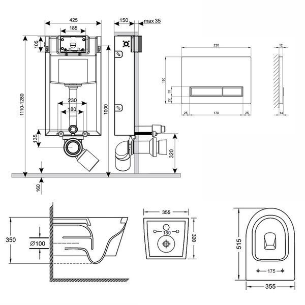 Готове рішення Qtap для ванної кімнати: підвісний унітаз Swan Rimless 520х360х320 + комплект інсталяції Nest 4 в 1 (лінійна клавіша Black mat) SD00042993 фото