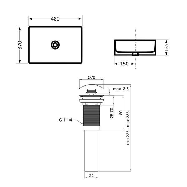 Комплект Qtap Tern: Раковина накладна прамокутна 480х370х135 мм Matt Black + Донний клапан PU03 SD00053424 фото
