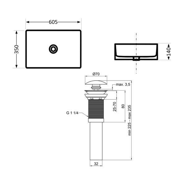 Комплект Qtap Tern: Раковина накладна прамокутна 610x350x135 мм WHITE + Донний клапан PU02 SD00053428 фото