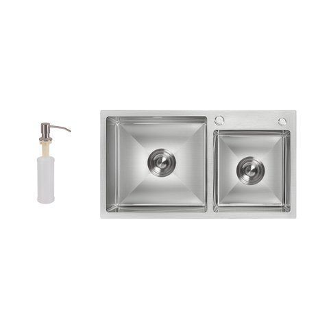 Мийка для кухні з двома чашами інтегрована Lidz Handmade H7843 (LDH7843BRU35387) Brushed Steel 3,0/1,0 мм SD00041491 фото