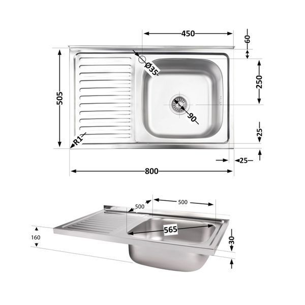 Кухонна мийка Brinex 5080-R 0,6 мм Satin (BRIN5080RSAT06) SD00054102 фото