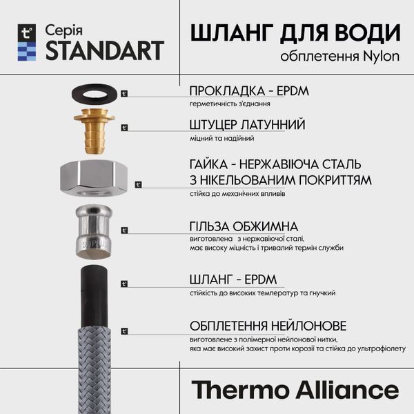 Шланг для води Thermo Alliance Standart 80 см NYLON 1/2"x1/2" ВЗ TAS388W80 SD00052990 фото