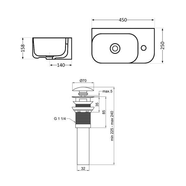 Комплект Qtap Tern: Раковина підвісна прамокутна права 450х250х158 мм White + Донний клапан PU02O SD00053452 фото