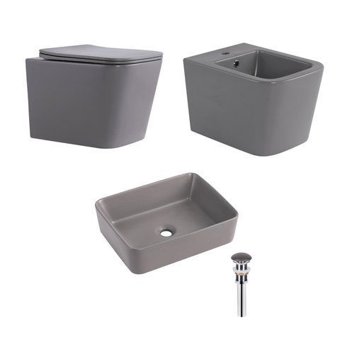 Комплект Qtap Tern Stone grey 3 в 1: підвісний унітаз Ultra Quiet + біде підвісне + раковина накладна QTTERSG49162 SD00055286 фото