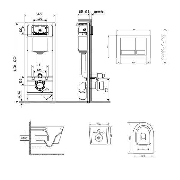 Готове рішення Qtap для ванної кімнати: підвісний унітаз Swan Ultra Quiet 485x360x320 + комплект інсталяції Nest 4 в 1 (квадратна клавіша Satin) SD00051273 фото