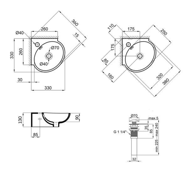 Комплект Qtap Leo N: Раковина підвісна угловая овальна 380x360x130 мм WHITE + Донний клапан PU02O SD00053455 фото